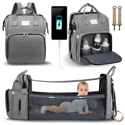 TravelEase™ Mommy Backpack with Built-In Baby Bed - Spacious & Stylish Diaper Bag with USB Charging