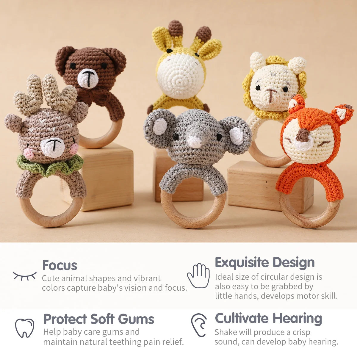 Melodic Critters: Wooden Animal Teether & Musical Rattle Collection